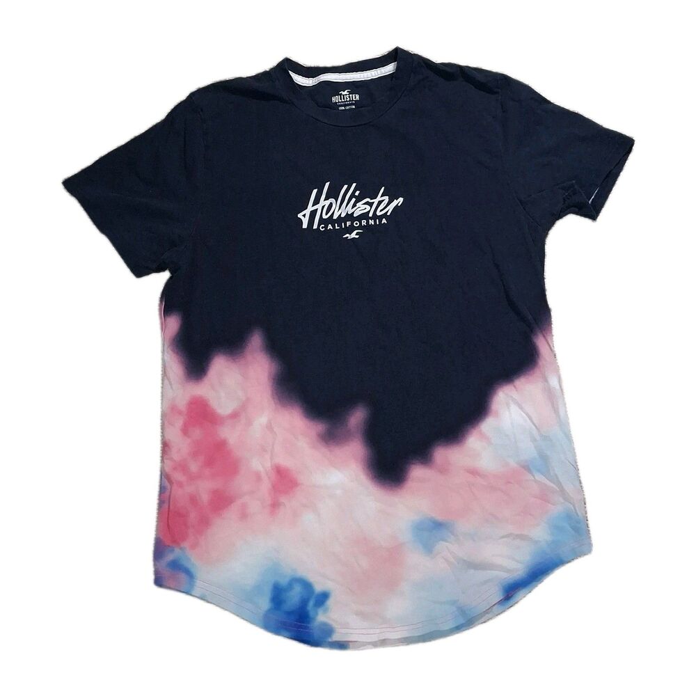 ​HOLLISTER CALIFORNIA MENS MEDIUM T-SHIRT NAVY BLUE PINK TIE DYE LOGO CURVED HEM